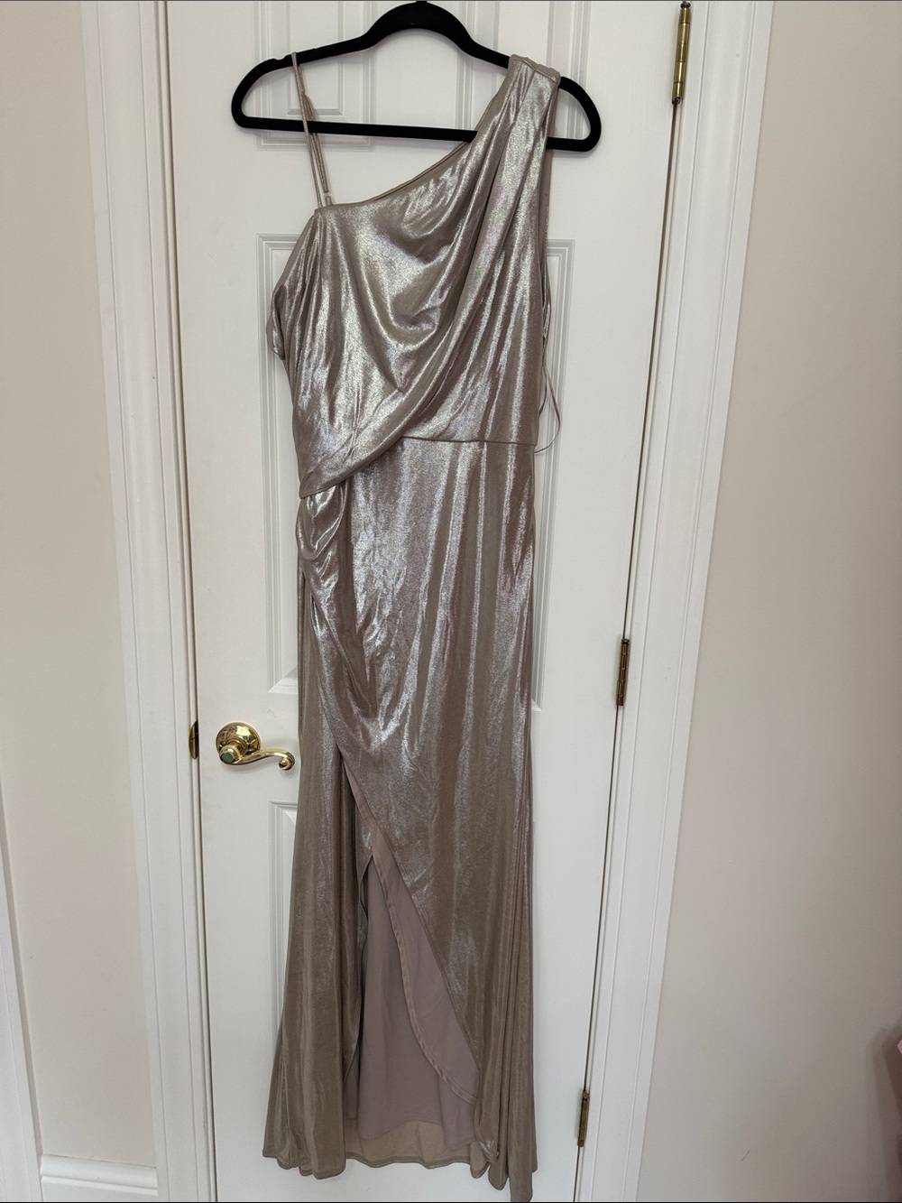 Taylor Metallic One-Shoulder Draped Tunic Top - Silver Taupe